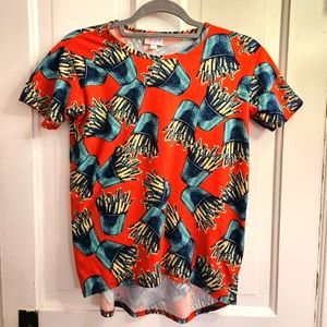 LulaRoe Gracie Kid Short Sleeve Tee Red with French Fries size 10